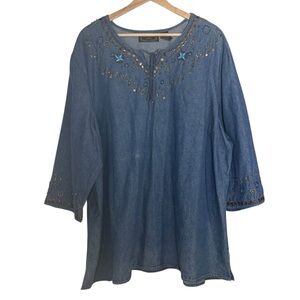 New Direction VTG Denim V Neck Beaded Embellished A-Line Pullover Blouse Size 3X